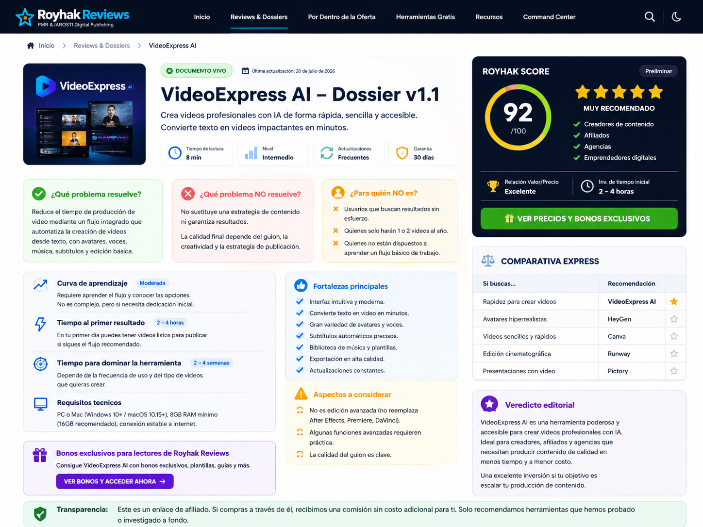 Vista editorial premium de VideoExpress AI